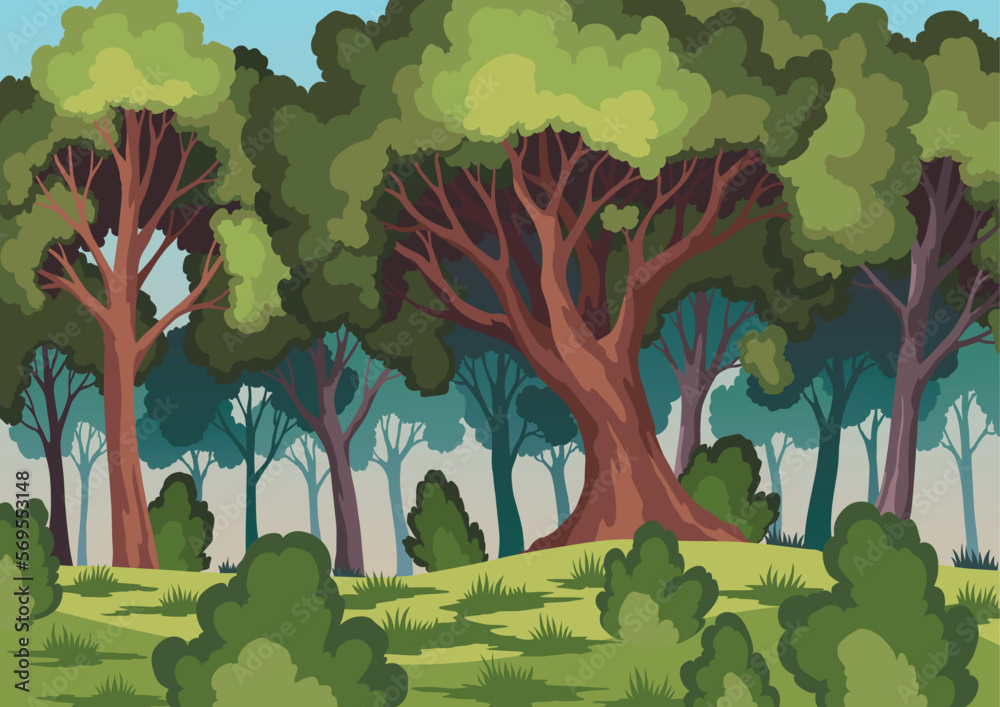 Cartoon forest landscape with deciduous trees, grass, bushes and sunlight spots on ground. Daytime scenery summer or spring, natural scene. Cartoon strong tree trunks. Vector wild flora