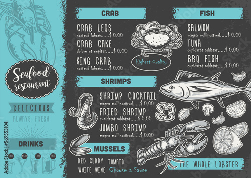 Fish restaurant menu vintage colorful