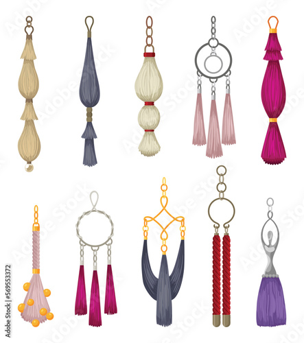 Tassel fringe accessories icon set. Leather trinket, handbag embelishments and fashion key chain. Textile zippers. Isolated vector illustration symbols