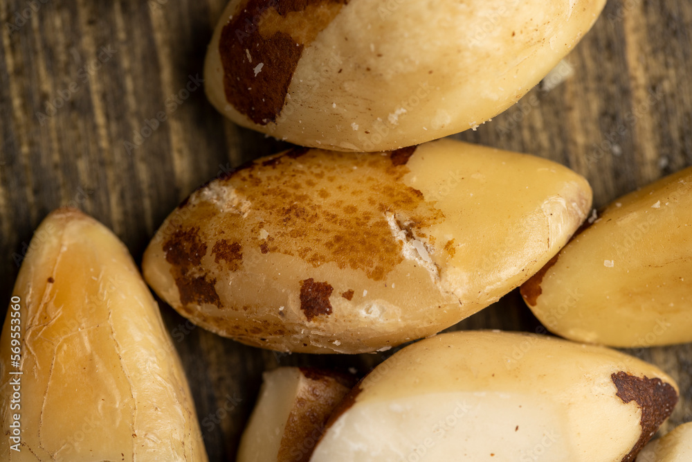 High-quality Brazil nuts peeled from the shell on the table High-quality Brazil nuts peeled from the shell on the table