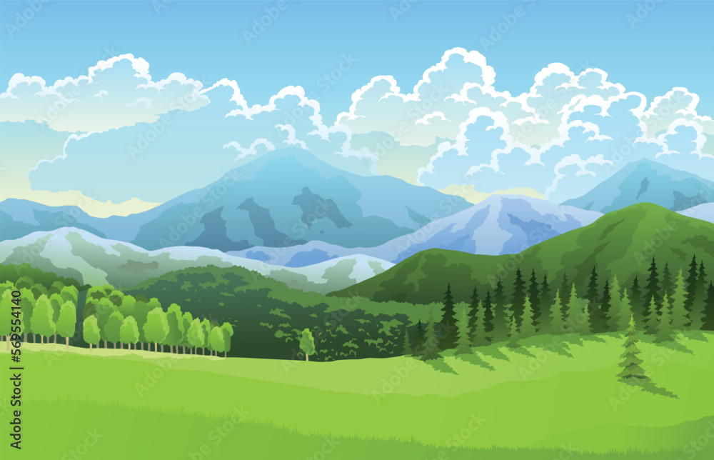 Landscape mountains, grasslands meadows and blue sky with clouds. Cartoon flat panorama of spring summer forest. Beautiful nature background. Vector illustration