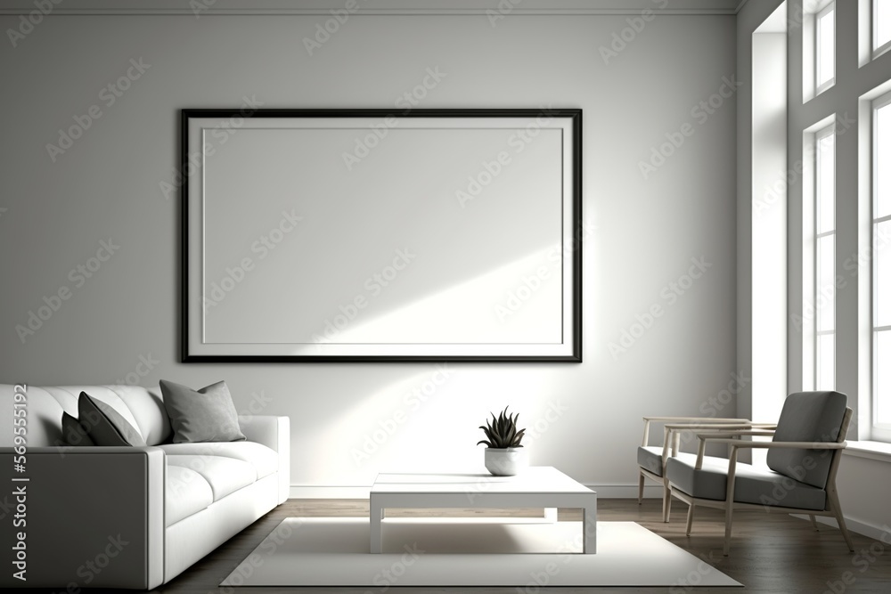 living room all in white decor, warm and comfortable with a blank frame on the wall. fashion furniture, beautiful decor in white. ai generative content living room all in white decor, warm and comfortable with a blank frame on the wall. fashion furniture, beautiful decor in white. ai generative content