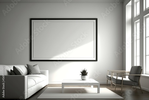 living room all in white decor, warm and comfortable with a blank frame on the wall. fashion furniture, beautiful decor in white. ai generative content © Felippe Lopes