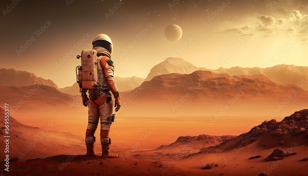 astronout on mars Standing and looking out at the Martian landscape ...