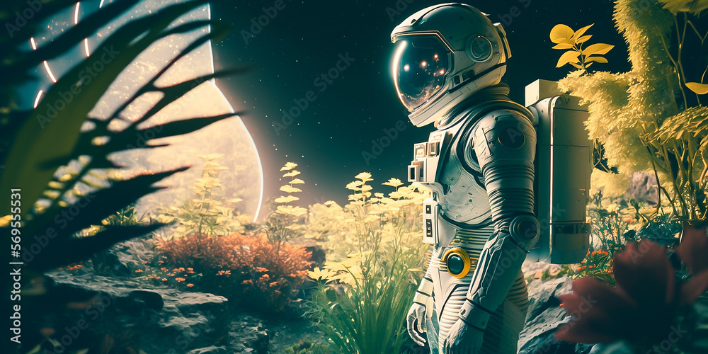 Astronaut inside futuristic vibrant garden. Space journey exploration concept. Generative AI illustration.