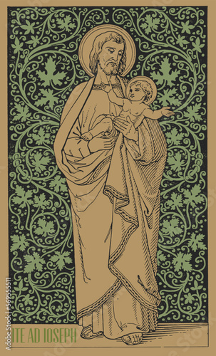 Vintage woodcut of St. Joseph holding baby Jesus in his arms, with beautiful vines in the background. Gold and green