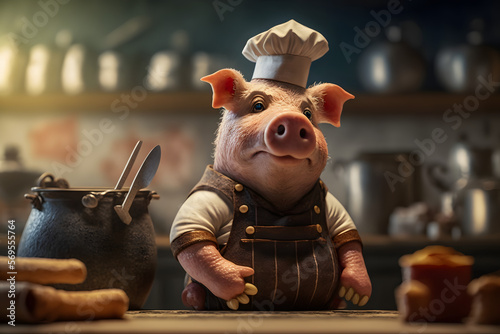 Portrait d'un chef cochon dans les cuisines d'un restaurant » IA générative