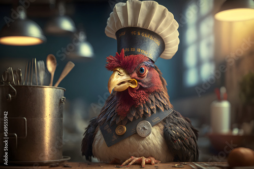 Portrait d'un chef poule dans les cuisines d'un restaurant » IA générative