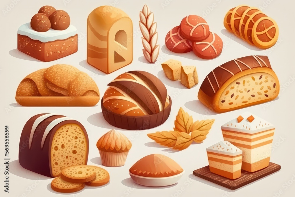 bread in a variety of shapes and sizes, still life isolated on white. Generative AI bread in a variety of shapes and sizes, still life isolated on white. Generative AI