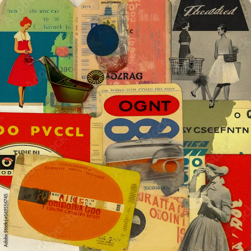 Vintage product labels, collage art, granular texture Generative AI