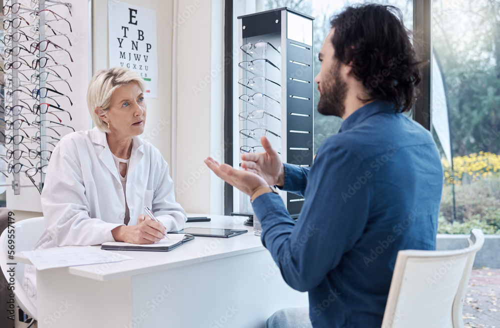 Fototapeta premium Eye doctor, help or man consulting for eyesight advice at optometrist or ophthalmologist with medical aid. Customer talking or asking questions to check vision health with a trusted senior optician