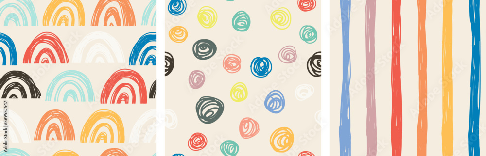 Set of 3 hand drawn vector seamless patterns in pastel colors for kids design. Set of 3 hand drawn vector seamless patterns in pastel colors for kids design.