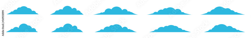 Blue cloud icons set. Cumulus cloud in line and flat style. Weather cloud shapes or blue sky symbol collection for apps and websites, vector illustration Blue cloud icons set. Cumulus cloud in line and flat style. Weather cloud shapes or blue sky symbol collection for apps and websites, vector illustration