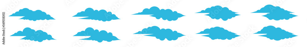 Blue cloud icons set. Cumulus cloud in line and flat style. Weather cloud shapes or blue sky symbol collection for apps and websites, vector illustration Blue cloud icons set. Cumulus cloud in line and flat style. Weather cloud shapes or blue sky symbol collection for apps and websites, vector illustration