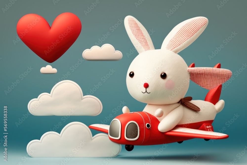 White flying bunny with red heart