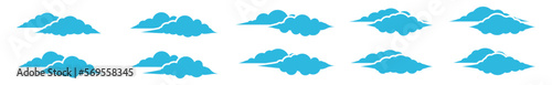 Blue cloud icons set. Cumulus cloud in line and flat style. Weather cloud shapes or blue sky symbol collection for apps and websites, vector illustration