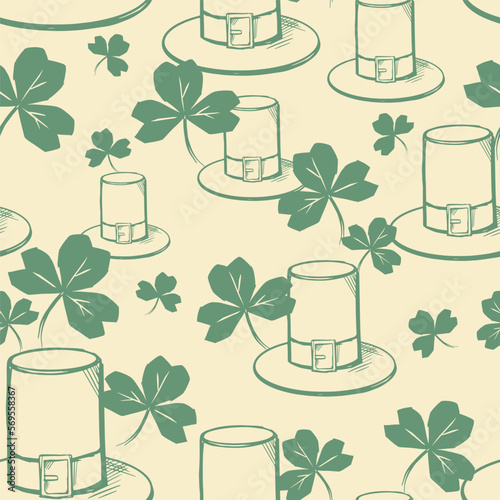 Vector seamless pattern of many hand drawn leprechaun top hat, small vintage clover leaves on pale yellow background. Rough quick sketch. St. Patrick's Day celebration. Festive symbols. Artistic print