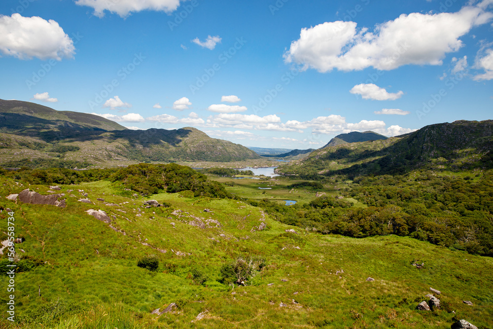 Landscape of Lady's view, Killarney National Park in Ireland. The famous Ladies View, Ring of Kerry, one of the best panoramas in Ireland.
