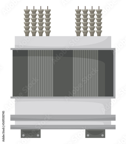 High voltage electrical transformer and isolator. Energy substation. Power supply icon isolated on white background for web design. Flat cartoon illustration