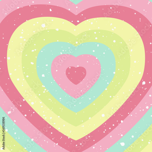Hypnotic heart tunnel. Multi colored retro wallpaper, psychedelic mood, style of 70s. Heart shapes concentric colorful stripes vector background. Square template for social media post, ads, backdrop