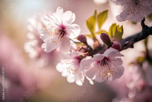 Cherry blossom close up, blur Spring orchard background. Generative AI © Rawf8