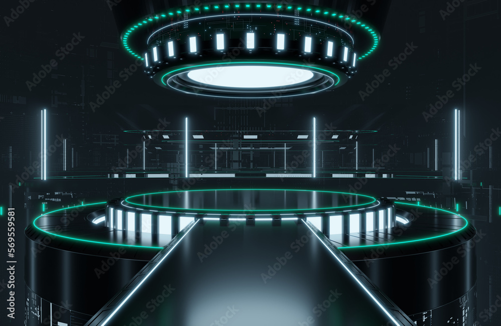 Dark futuristic circular stage, pedestal or portal with white and blue lights, for the presentation of products.	