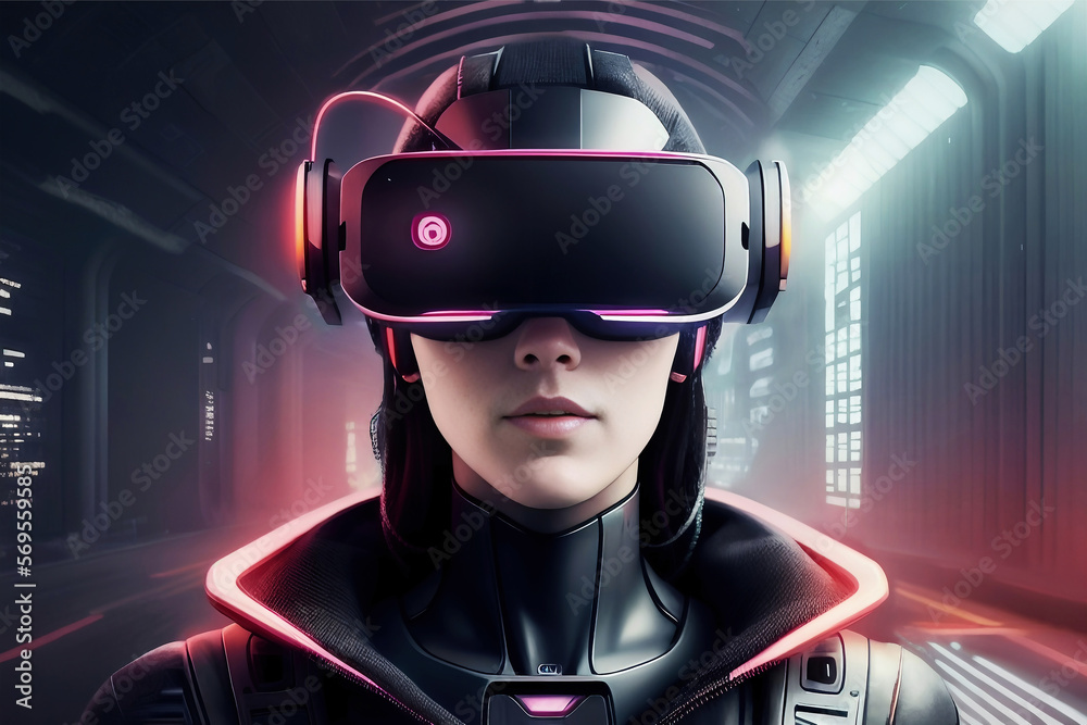 A girl with VR glasses in cyberpunk style A girl with VR glasses in cyberpunk style