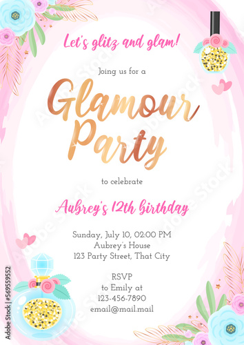 Glam birthday party invitation template. Beautiful frame with flowers and makeup products drawn in cartoon style on a pink watercolor background. Vector illustration 10 EPS.