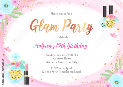 Glam birthday party invitation template. Beautiful frame with flowers and makeup products drawn in cartoon style on a pink watercolor background. Vector illustration 10 EPS.