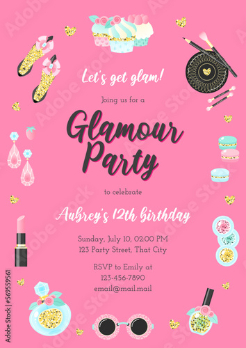 Glamour birthday party invitation template. Beautiful frame of fashion objects drawn in cartoon style. Vector illustration 10 EPS.
