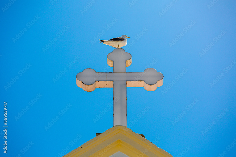 old cross on the top of church with a gull siting on old cross on the top of church with a gull siting on