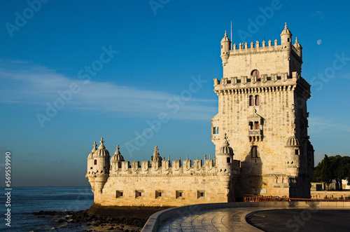 Ancient Tower of Belem (Torre de Belem) is notable landmark of Lisbon. Famous touristic place and travel destination in Europe. Located in the civil parish of Santa Maria de Belem in Lisbon, Portugal