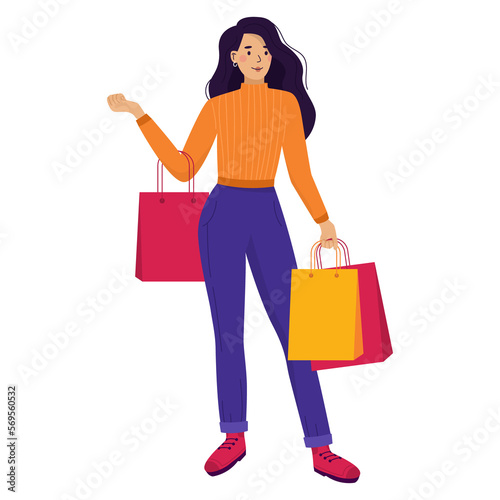 Smiling girl with shopping bags on sale in cartoon style