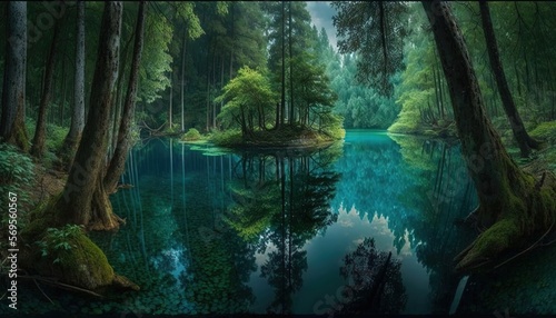 a painting of a forest with a lake and trees in the foreground, and a small island in the middle of the water with a few trees on the other side of the water. Generative AI