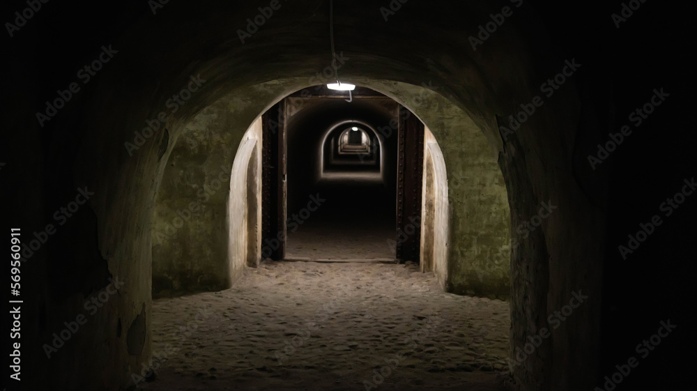 Underground protective structures in the form of military bomb shelter tunnels. Catacombs in the fortress. Fortification, background