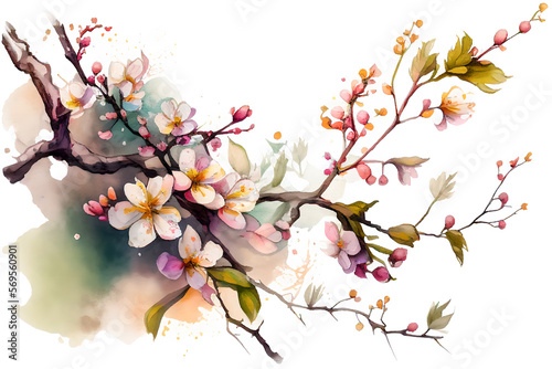 Cherry blossoms on a branch. Watercolor drawing. Generative AI © vladnikon