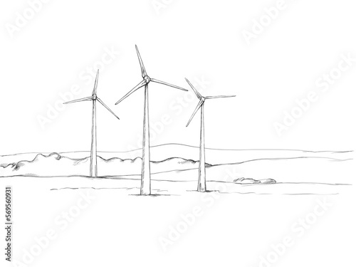 Drei Windräder in offener Landschaft