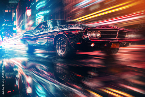 Racing muscle car on dark city street after rain. Cinematic neon and dynamic motion blur.
Digitally generated AI image photo