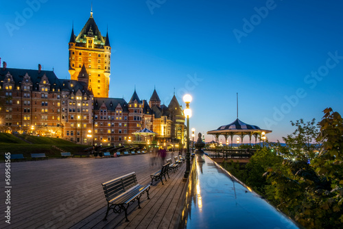 Chateau Frontenac and Dufferin terrace at night in the Upper town on Old Quebec, Canada