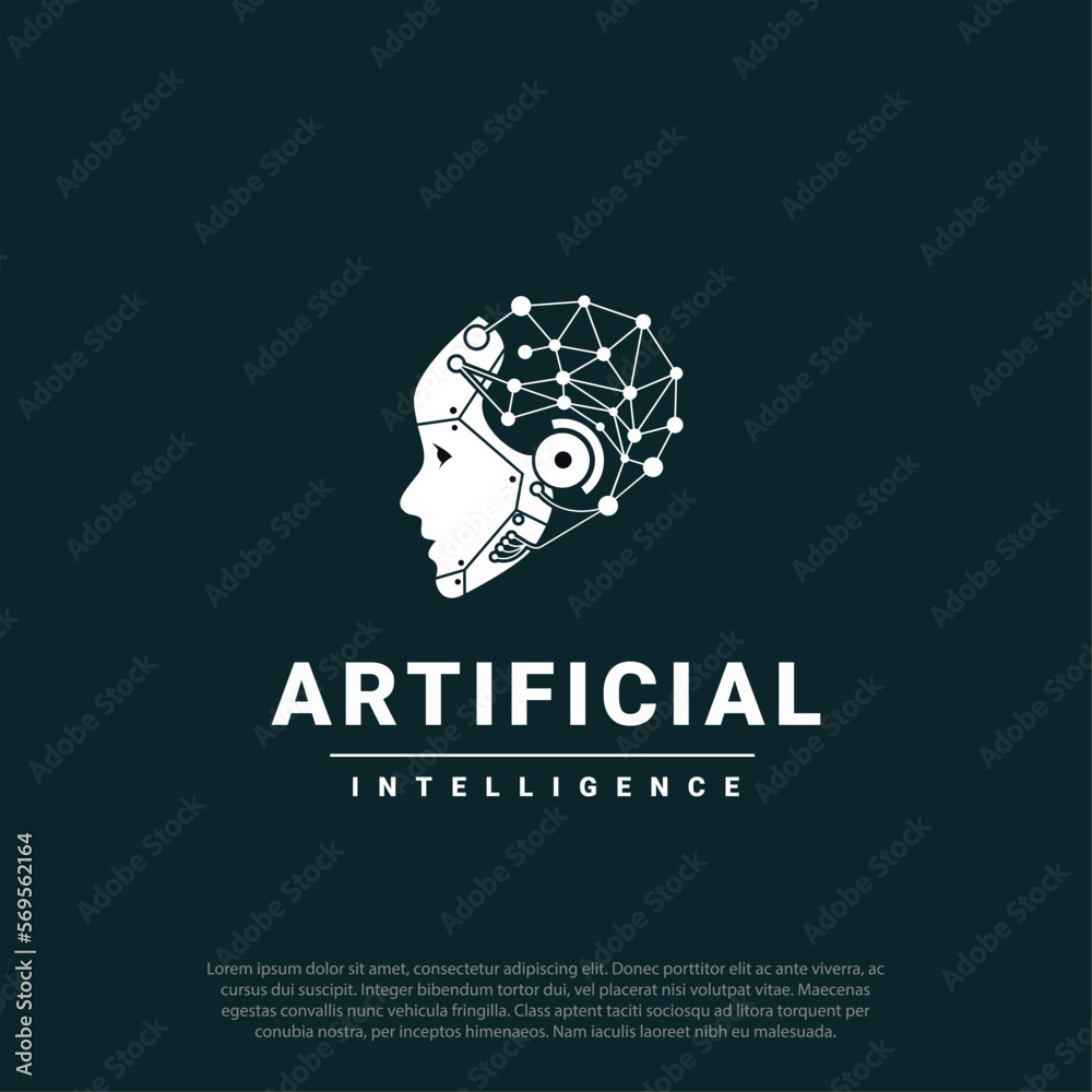 artificial intelligence head robot ai logo, head female robot and brain symbol connected dot and line for artificial intelligence symbol