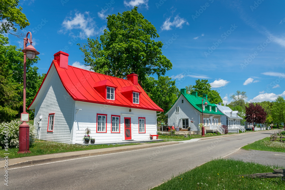 Colorful old houses in the village of Saint Jean on the island of Orleans near Quebec City, Île d'Orléans, Canada