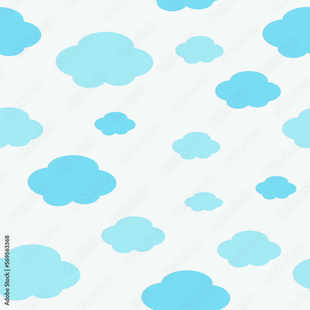 Blue clouds of different sizes on a light background. Seamless pattern. Children's background. Vector illustration.