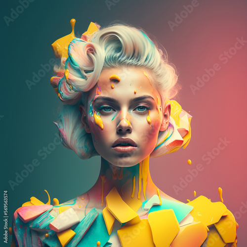 generative ai illustration fashion portrait of a blonde model on colorful vibrant pastel background posing on camera