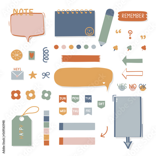 set of cute doodle text box planner with icon sticker, speech bubble balloon, flat design, vector, illustration