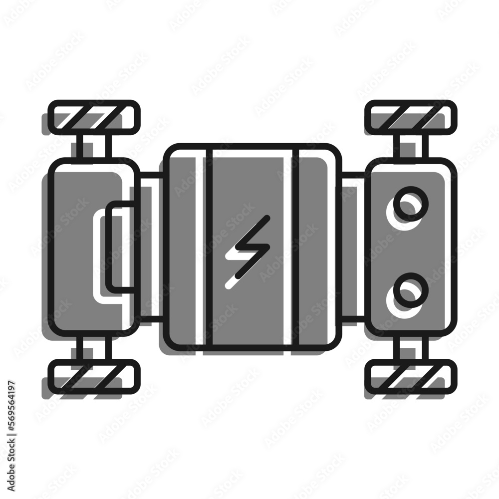 Liner filled with gray color icon. Electric Vehicle Platform. Electric Vehicle Chassis With Batteries. Simple black and white vector Isolated On white background Liner filled with gray color icon. Electric Vehicle Platform. Electric Vehicle Chassis With Batteries. Simple black and white vector Isolated On white background