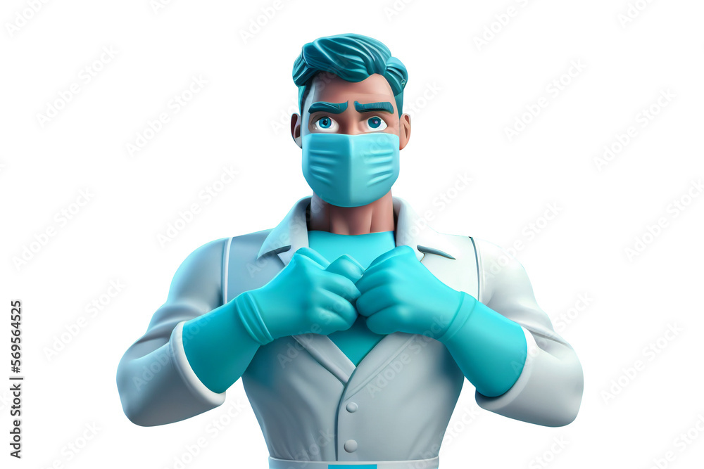 3d cartoon character cute Doctor man wearing face mask and superhero