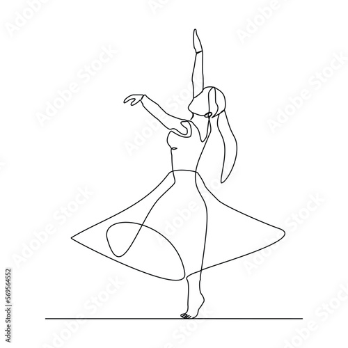 Continuous single one line drawing art of beautiful woman ballerina dancer show. Vector illustration of artistic ballet dance.