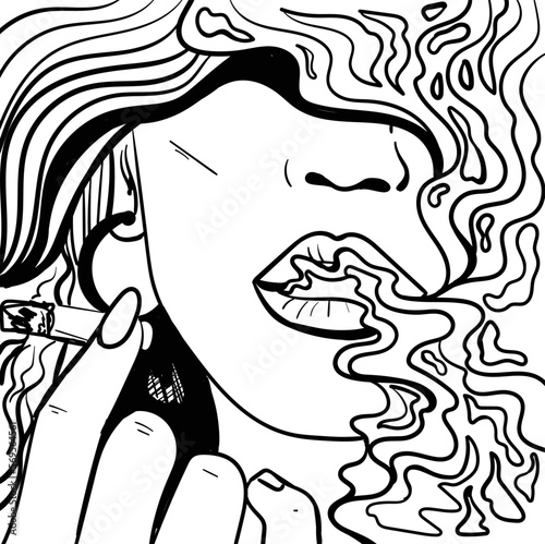 Black and white psychedelic line art with the abstract smoking woman. Cigarette illustration. Doodles and lines abstract hand-drawn vector art.
