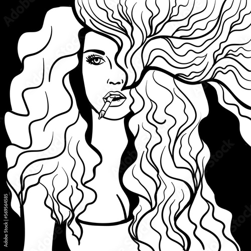 Black and white psychedelic line art with the abstract smoking woman. Cigarette illustration. Doodles and lines abstract hand-drawn vector art.