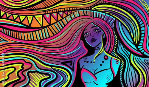 Colourful psychedelic line art with abstract woman.